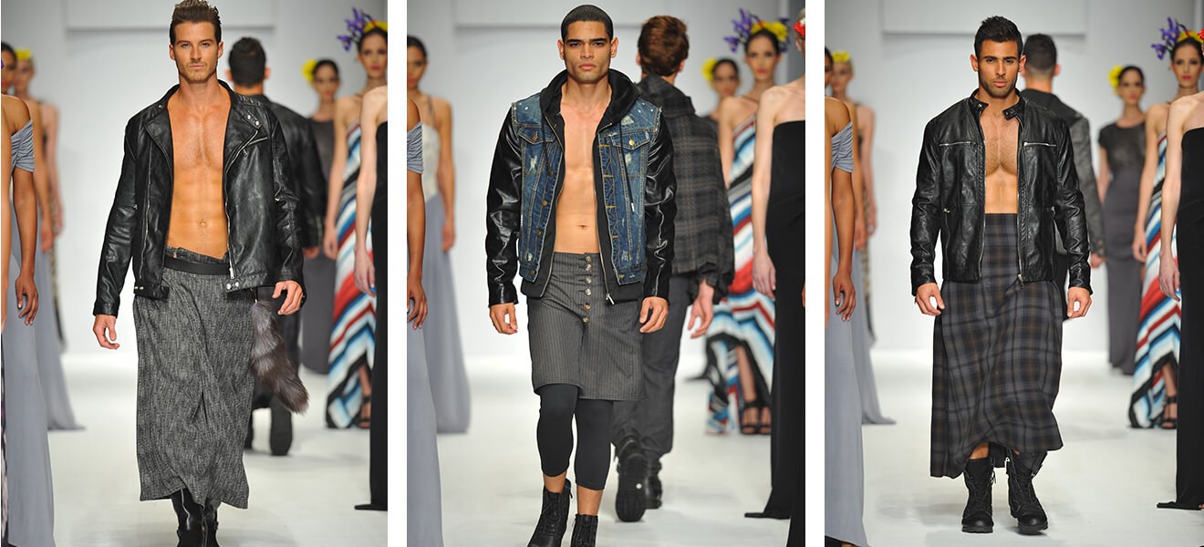 The way in which men are wearing skirts now has nothing to do with appearing feminine; in fact, it’s become a way for them to emphasise their masculinity.   The way in which men are wearing skirts now has nothing to do with appearing feminine; in fact, it’s become a way for them to emphasise their masculinity.